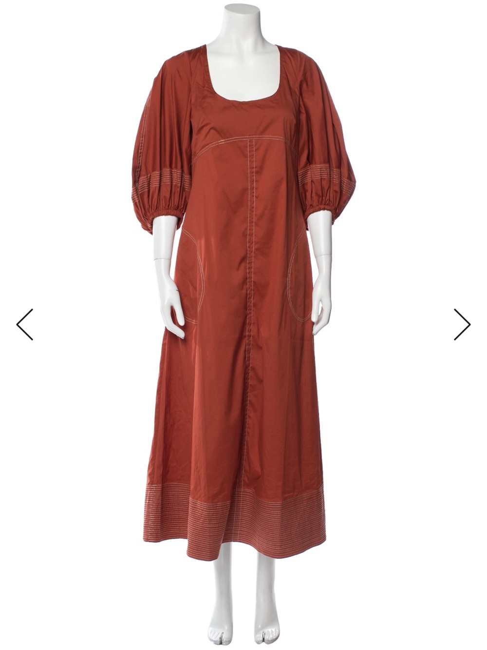 Lee Mathews Rust Red Puff-Sleeve Midi Dress